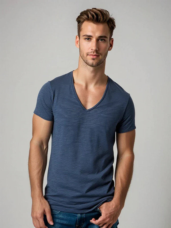 Men's solid color V-neck t-shirt, perfect for casual everyday wear. Breathable and comfortable short sleeve tee.
