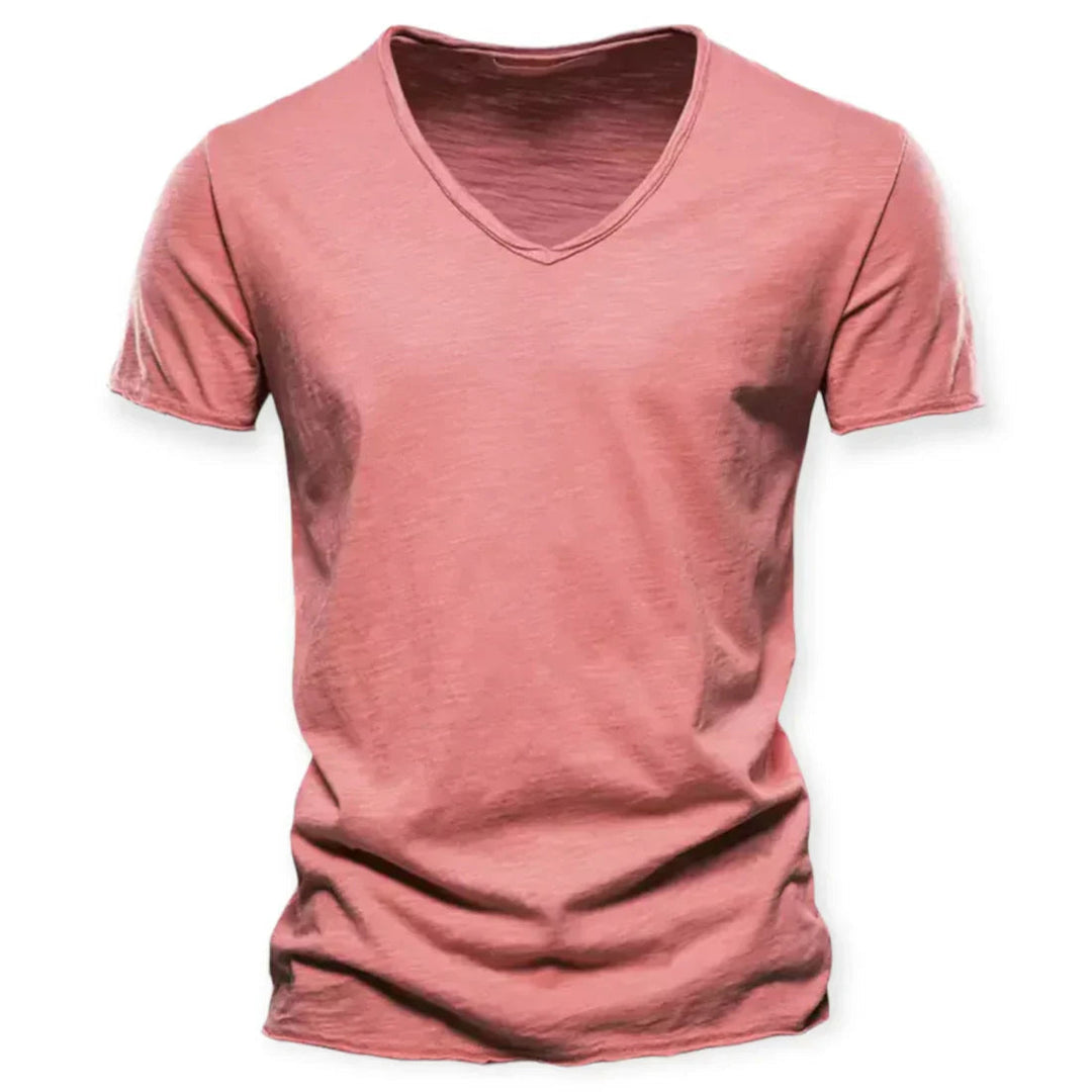 Back of men's solid V-neck t-shirt, emphasizing comfortable fit and versatility for casual everyday style.