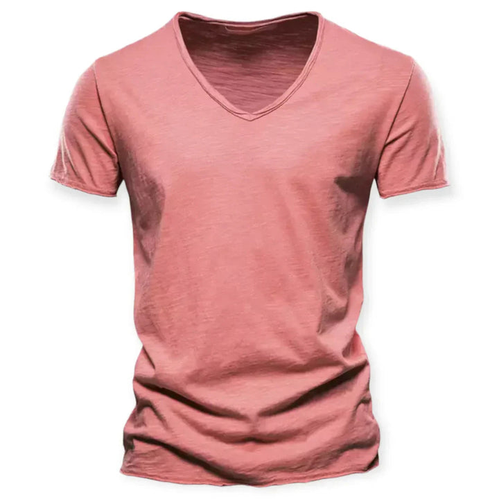 Back of men's solid V-neck t-shirt, emphasizing comfortable fit and versatility for casual everyday style.