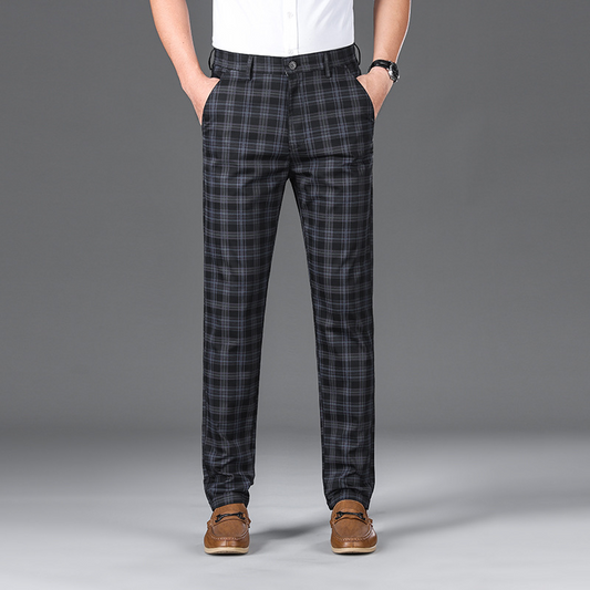 Men's sophisticated check trousers, tailored cotton blend for modern style.