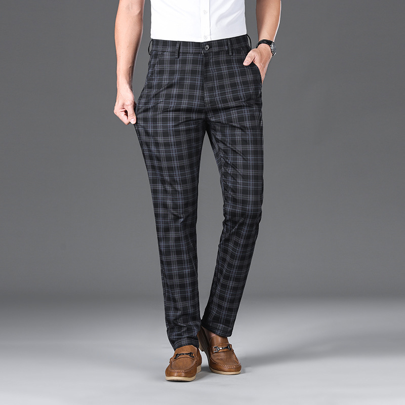 Modern men's plaid pants, comfortable cotton blend, perfect for casual or formal wear.