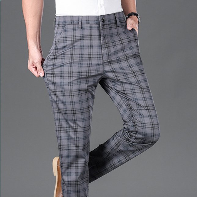 Versatile men's cotton blend check pants for a modern, sophisticated style.