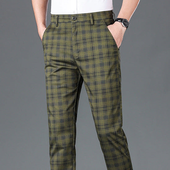 Men's fashion check trousers, cotton blend for a sharp, contemporary look.