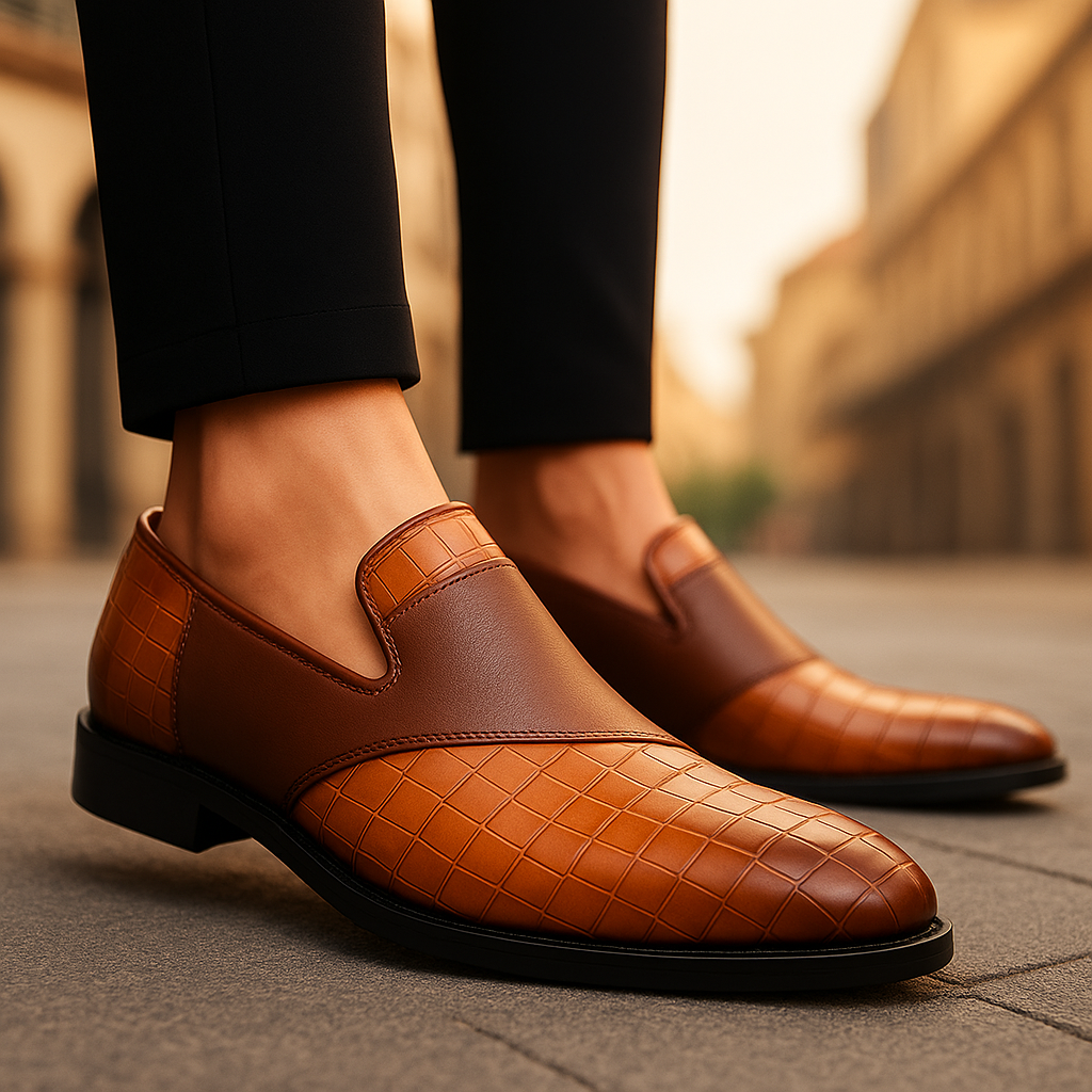 Men's elegant black croc-textured loafers. Sophisticated slip-on dress shoes for business & smart casual.
