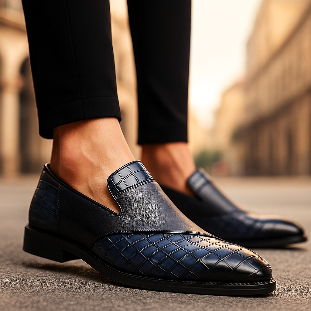 Versatile men's croc loafers. Smart casual slip-on footwear, perfect for formal events or elegant everyday wear.