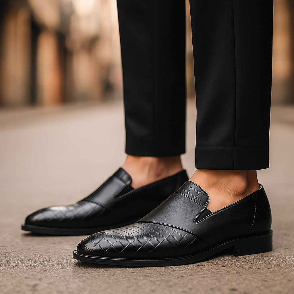 Close-up of sophisticated croc texture on men's slip-on loafers, highlighting elegant design & quality.