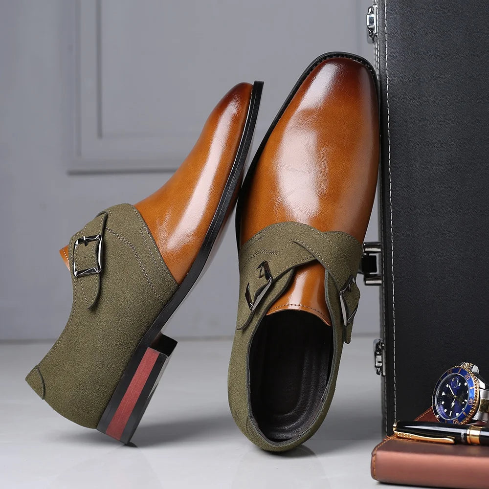 Men's sophisticated double buckle leather loafers, ideal for office or formal events. Classic slip-on dress shoes.