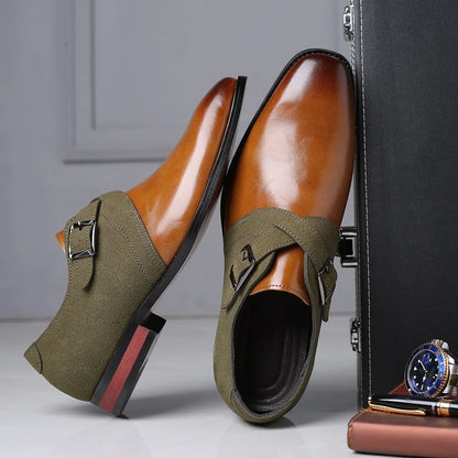 Men's sophisticated double buckle leather loafers, ideal for office or formal events. Classic slip-on dress shoes.