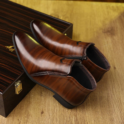 Classic men's Chelsea style ankle boots with convenient side zipper, perfect for easy wear and dressy occasions.