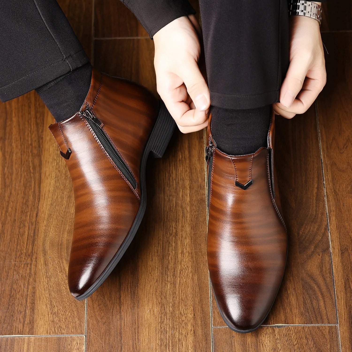 Stylish men's zippered ankle boots, Sorrento model, designed for easy on-off and versatile everyday fashion.