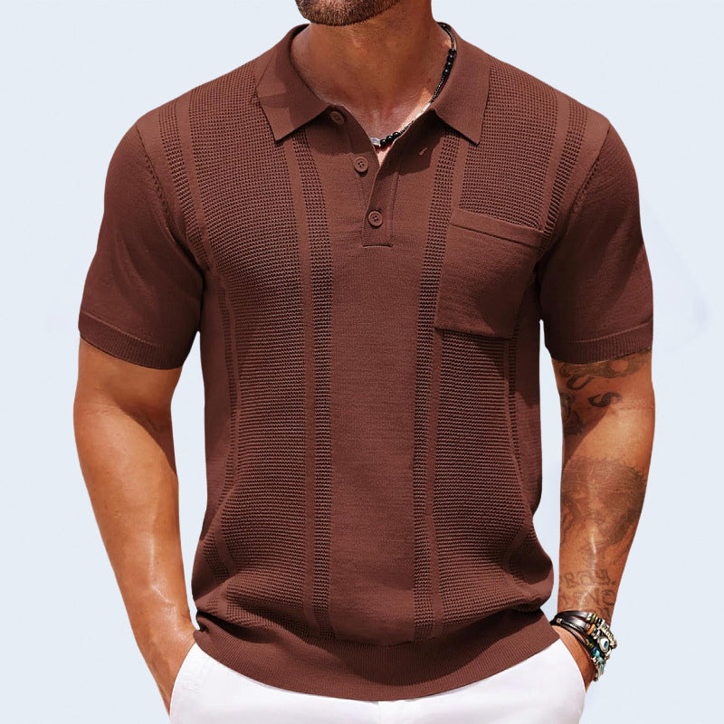 Blue Men's Sorrento tailored polo shirt with chest pocket, breathable short sleeve for summer fashion.
