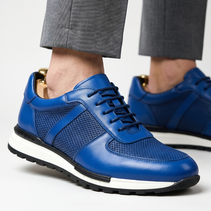 Side view of men's Spencer stylish leather mesh platform sneaker, comfortable casual footwear.