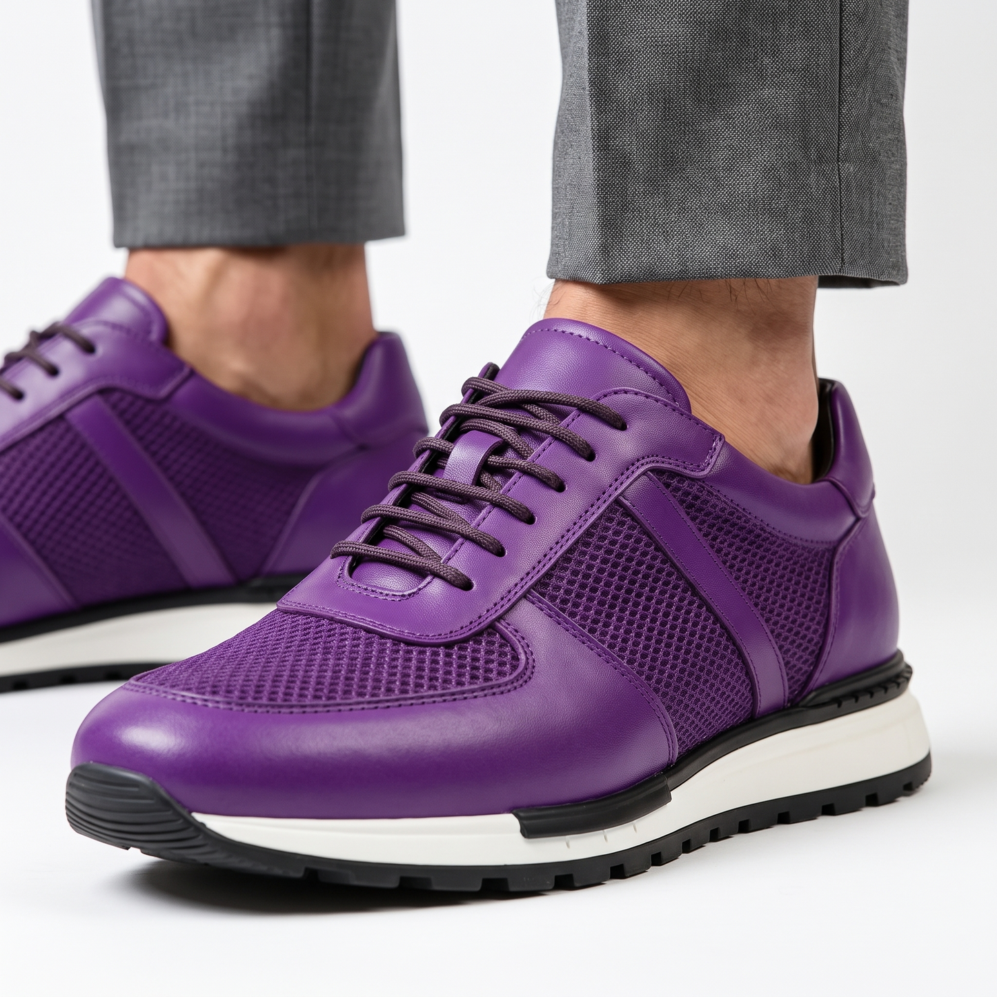 Front view of men's Spencer comfortable leather mesh platform sneaker with lace-up design.