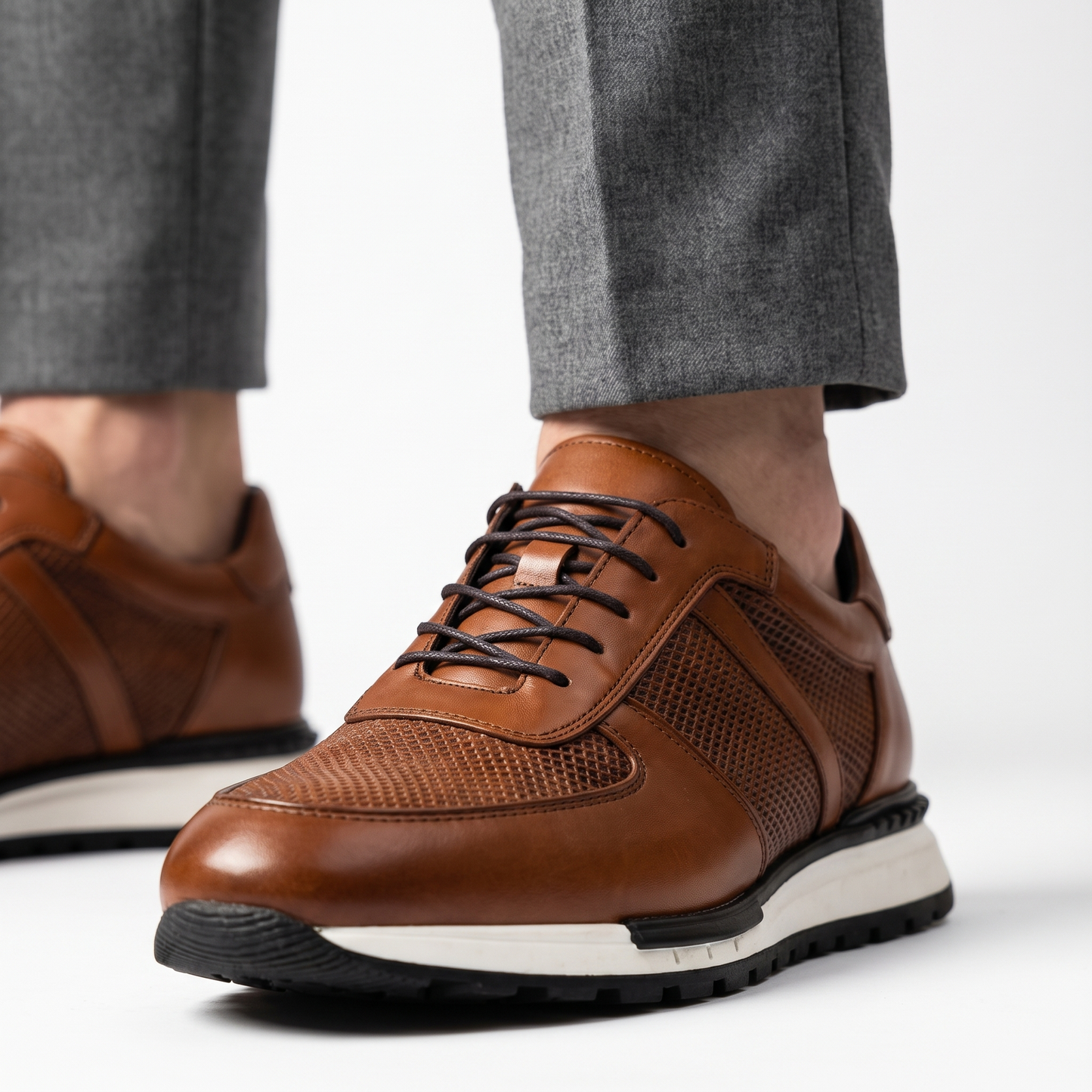 Men's Spencer leather and mesh platform sneakers featuring a thick, comfortable sole.
