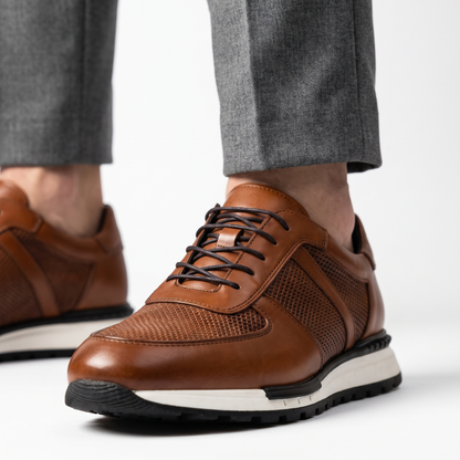 Men's Spencer leather and mesh platform sneakers featuring a thick, comfortable sole.