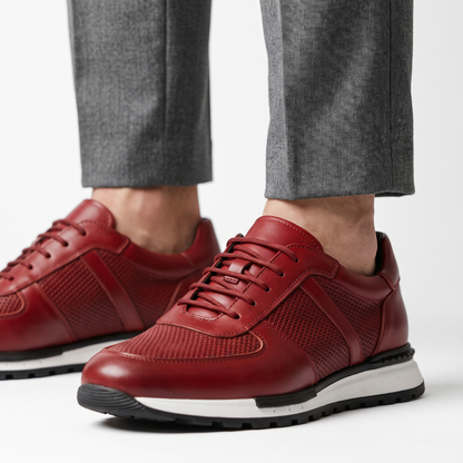 Close-up of men's Spencer leather mesh platform sneaker showing texture and lace-up details.