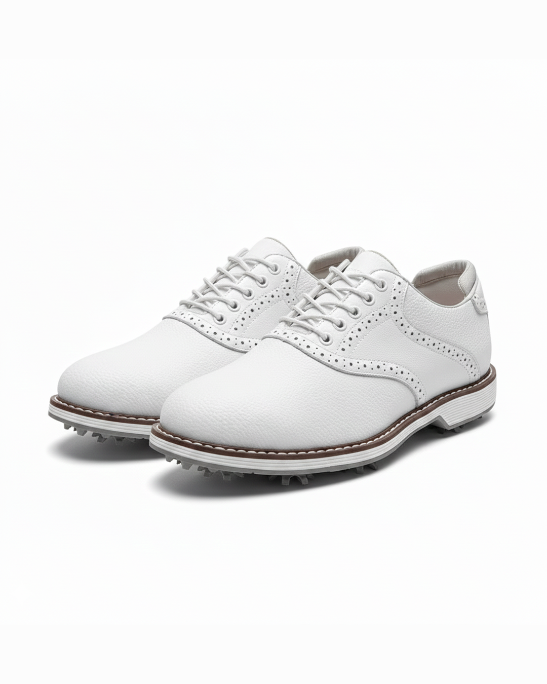 Men's spiked golf shoes, classic brogue style. Water-resistant for performance golf footwear.