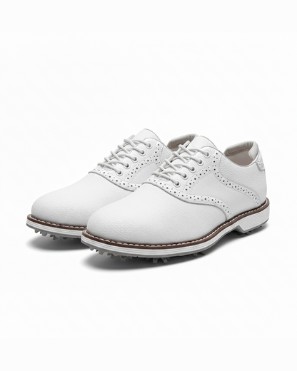 Men's spiked golf shoes, classic brogue style. Water-resistant for performance golf footwear.
