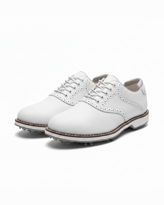 Men's spiked golf shoes, classic brogue style. Water-resistant for performance golf footwear.