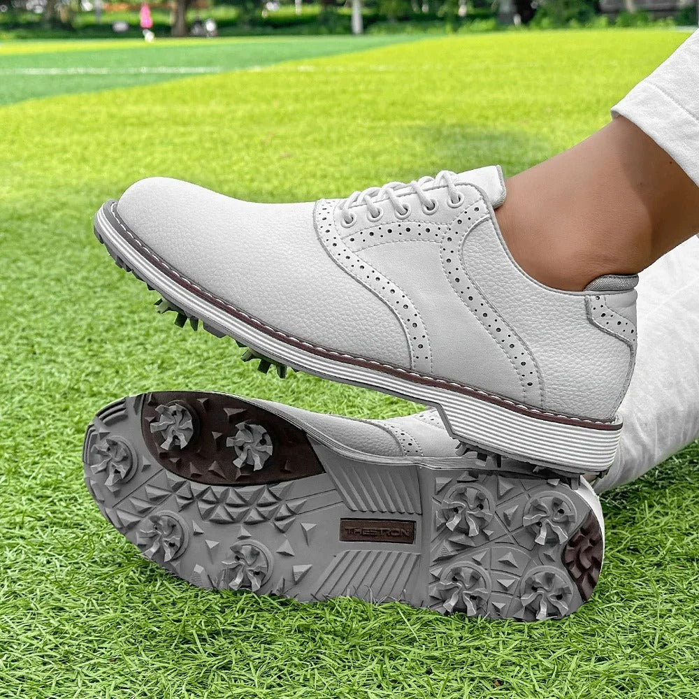 Modern classic men's spiked golf shoes. Brogue style, water-resistant for athletic golf performance.