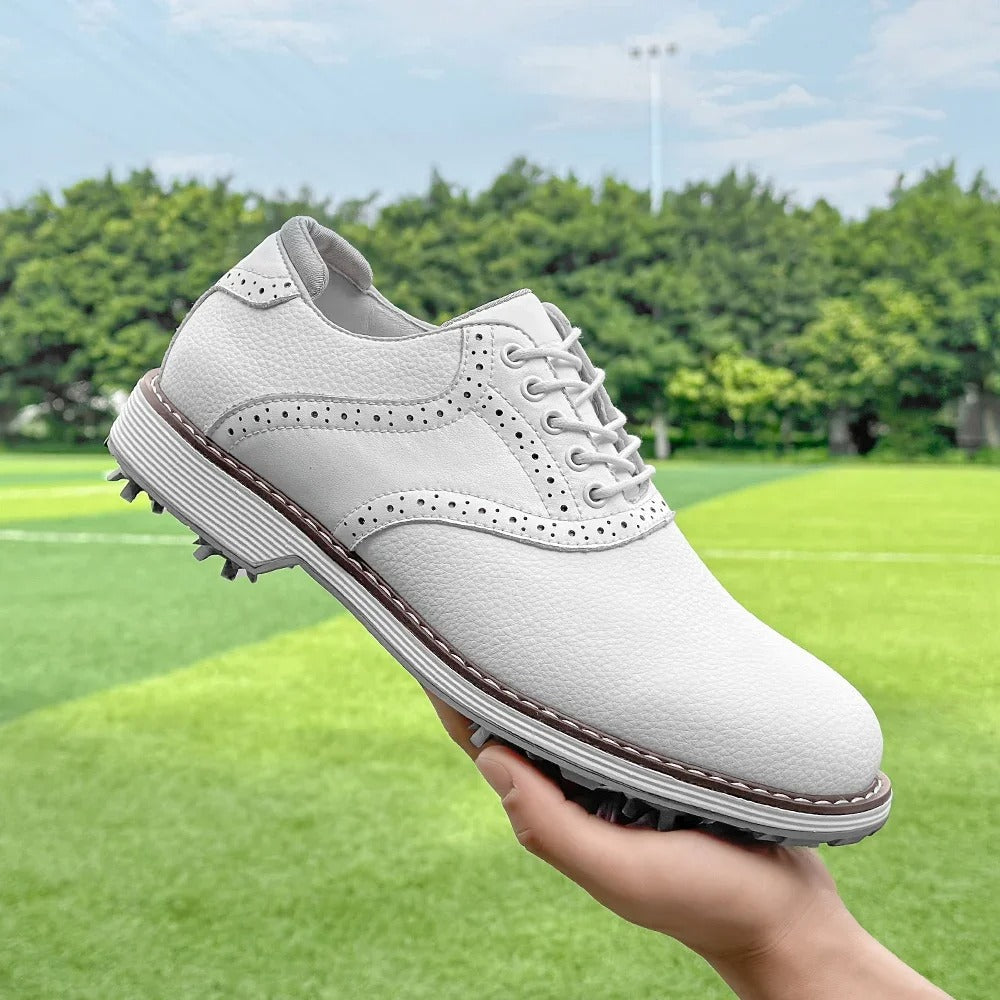 Premium men's spiked golf shoes, classic brogue design. Comfortable, water-resistant golf footwear.