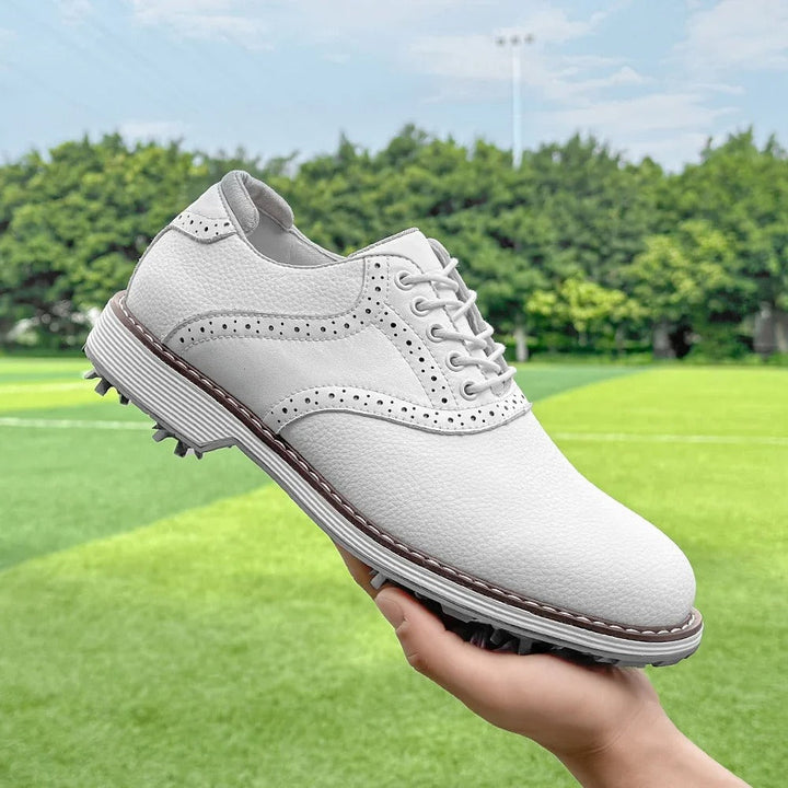 Premium men's spiked golf shoes, classic brogue design. Comfortable, water-resistant golf footwear.