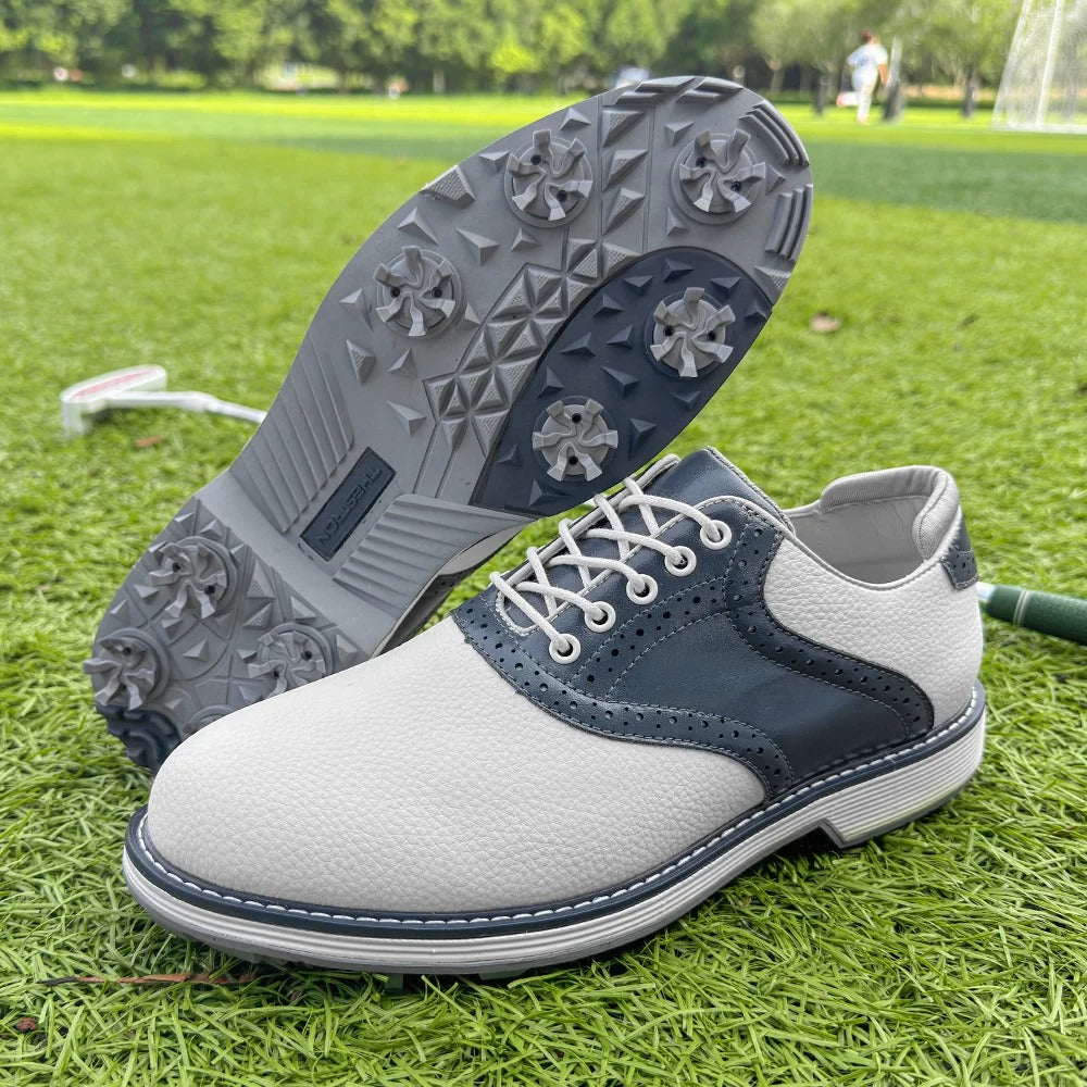 Versatile men's golf shoes, spiked for stability. Classic brogue style, water-resistant athletic footwear.