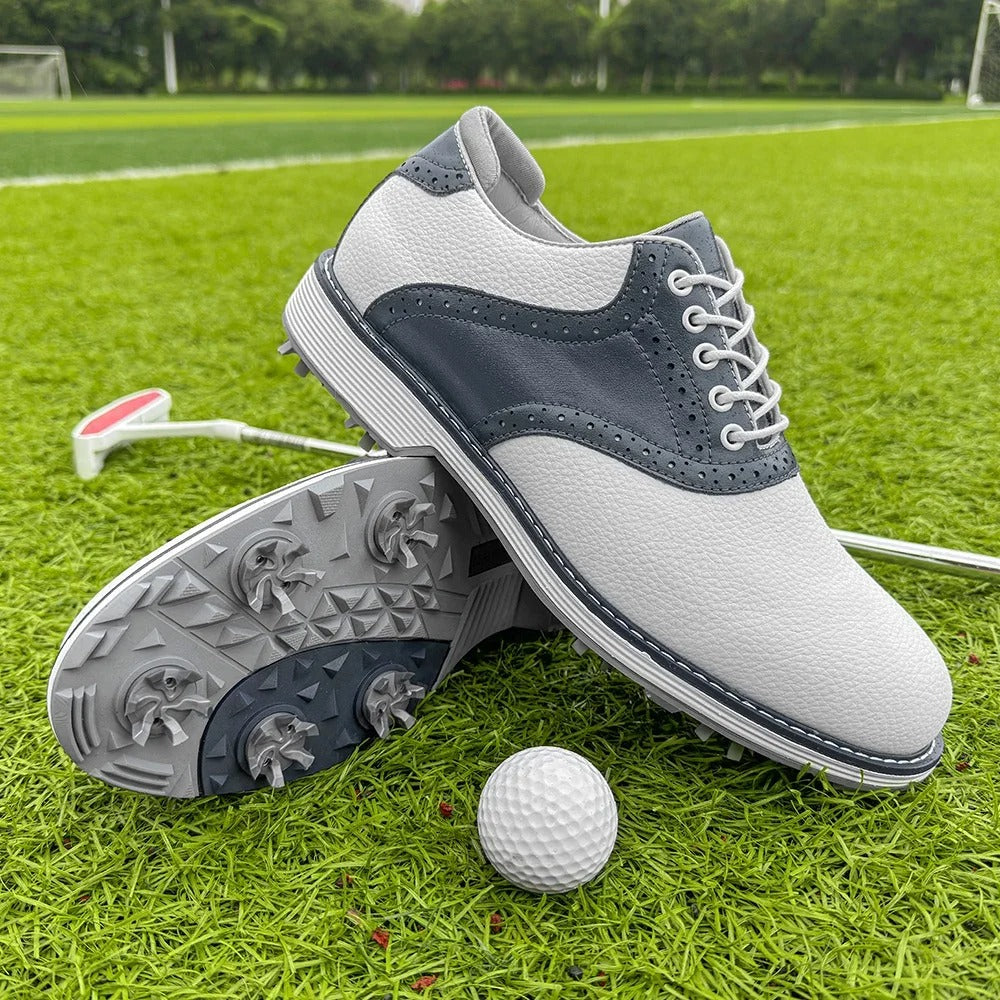 Spiked men's golf shoes for superior traction. Classic brogue design, water-resistant athletic golf footwear.