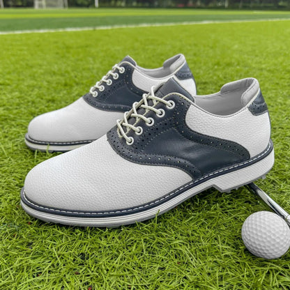 Elegant men's spiked golf shoes, brogue style. Water-resistant and comfortable for performance golf.