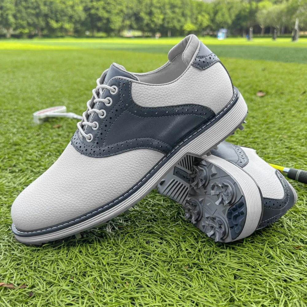 Men's classic brogue golf footwear with spikes. Water-resistant design for comfortable, athletic play.