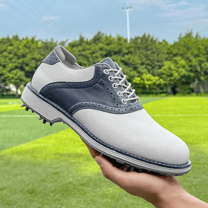 All-weather men's spiked golf shoes, classic brogue style. Water-resistant for year-round golf performance.