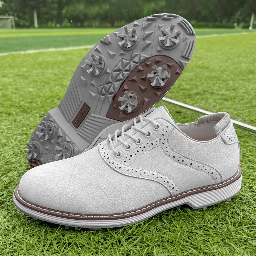 Classic brogue men's golf shoes with spikes. Elegant, water-resistant athletic footwear for the course.
