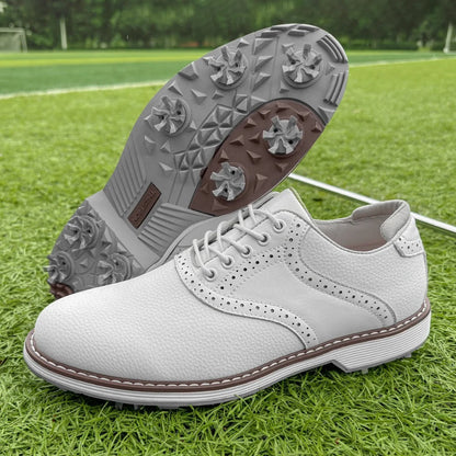 Classic brogue men's golf shoes with spikes. Elegant, water-resistant athletic footwear for the course.