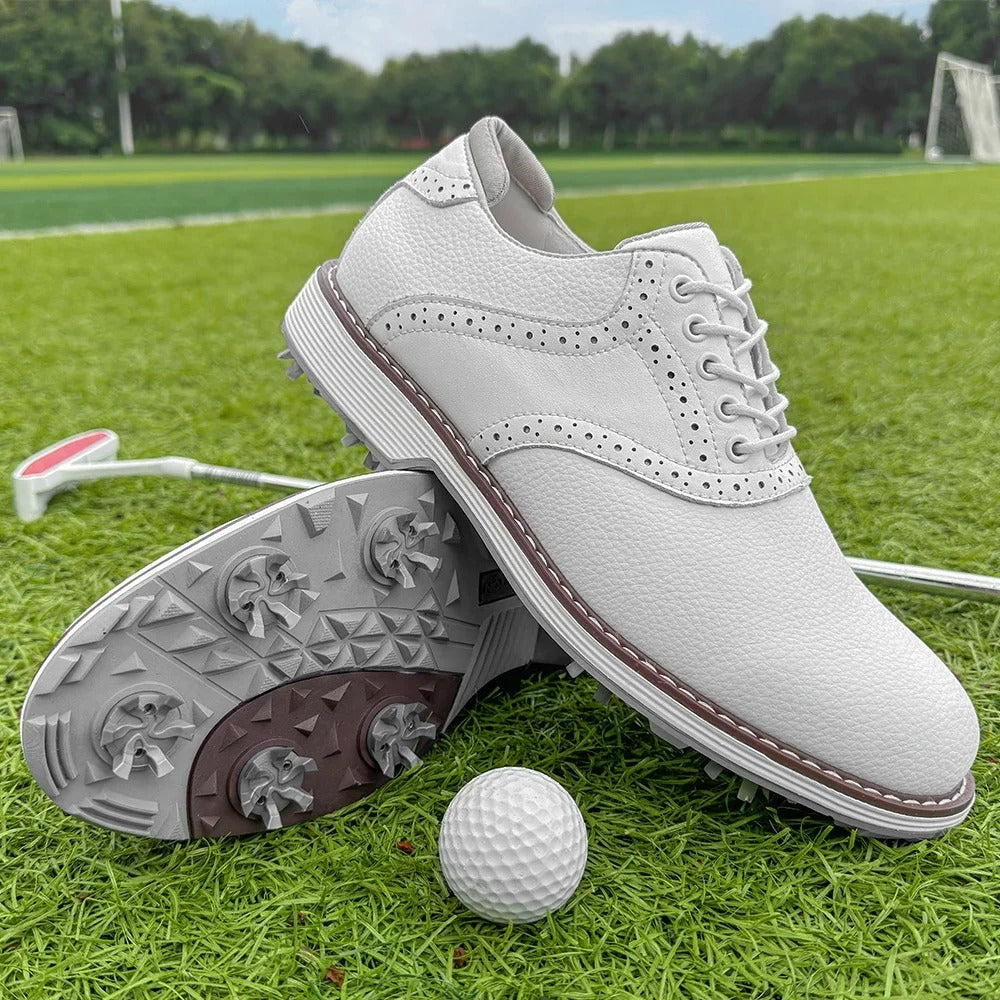 Performance men's spiked golf shoes, brogue style. Comfortable, water-resistant classic golf footwear.
