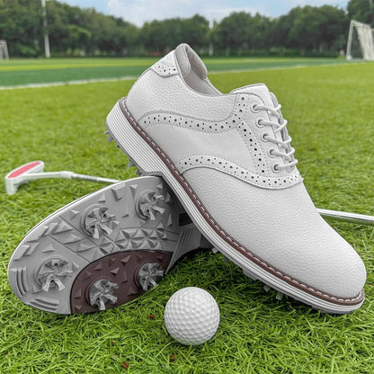 Performance men's spiked golf shoes, brogue style. Comfortable, water-resistant classic golf footwear.