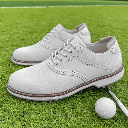 Men's athletic golf shoes, spiked for grip. Classic brogue design, water-resistant for performance.