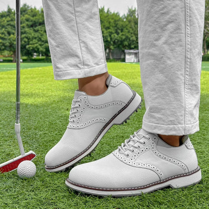 Comfortable men's spiked golf shoes in a classic brogue style. Water-resistant athletic golf footwear.