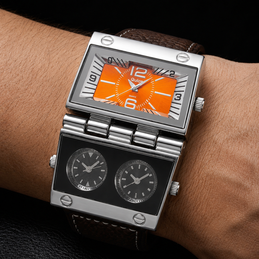 Men's sport-luxury analog-digital watch with leather strap, rectangular face, and shock resistance.