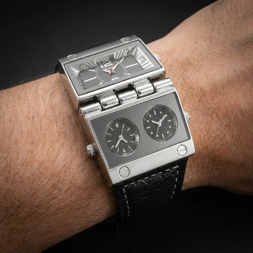 Shock-resistant men's sport watch, rectangular analog-digital, offering luxury and modern style.