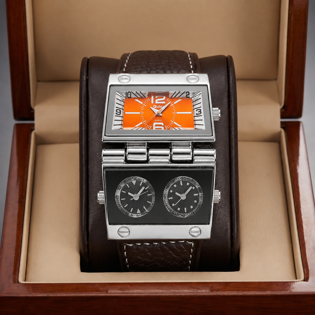 Men's analog-digital sport-luxury watch. Rectangular face with comfortable leather strap.