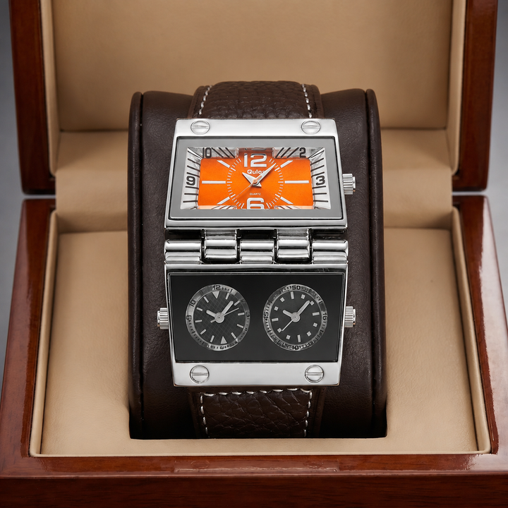 Men's analog-digital sport-luxury watch. Rectangular face with comfortable leather strap.