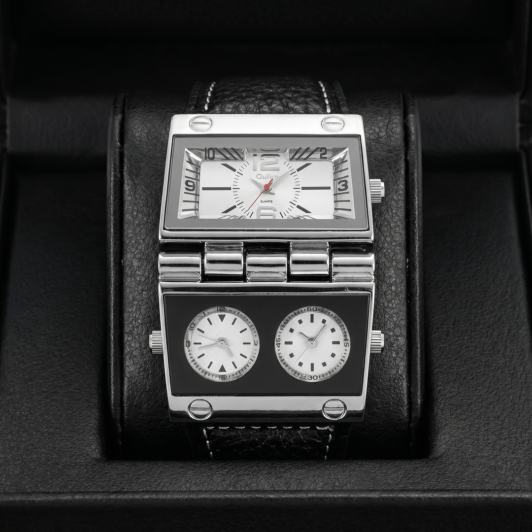 Sophisticated men's sport-luxury watch, analog-digital display, a fashionable rectangular accessory.
