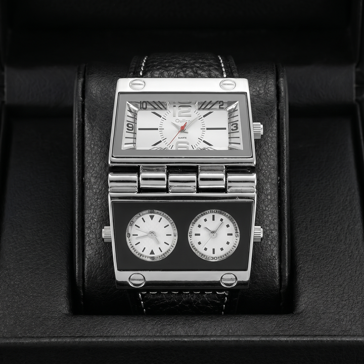 Sophisticated men's sport-luxury watch, analog-digital display, a fashionable rectangular accessory.