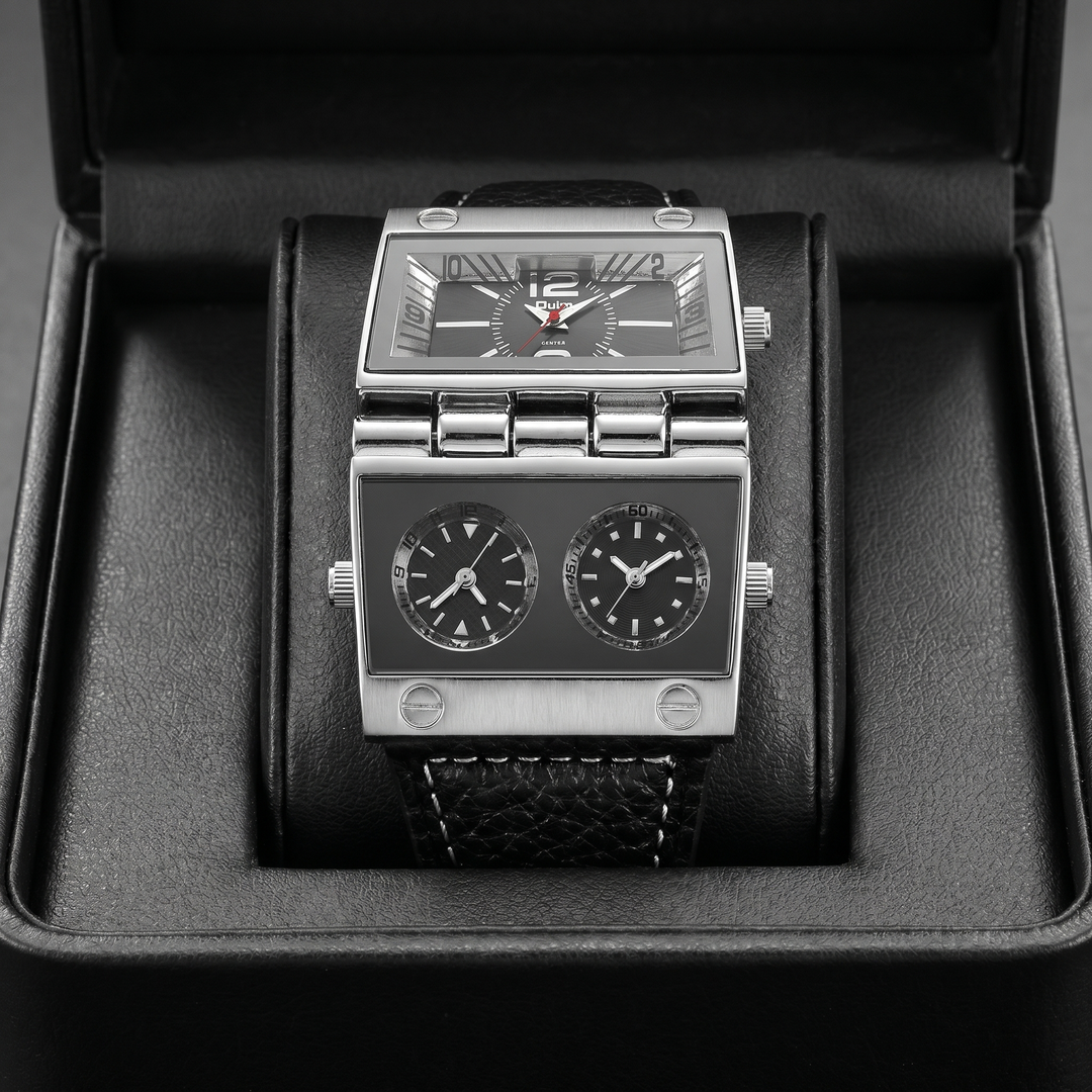 Versatile men's rectangular watch: analog-digital, luxury sport design with a durable leather strap.