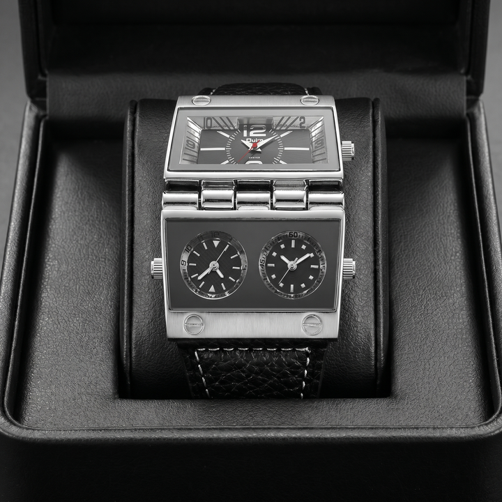 Versatile men's rectangular watch: analog-digital, luxury sport design with a durable leather strap.