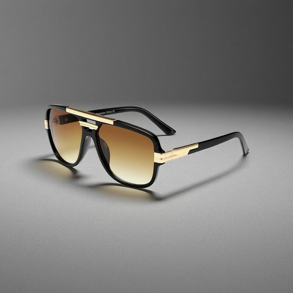 Fashionable men's square aviator sunglasses, black acetate frame, gradient UV400 protection.