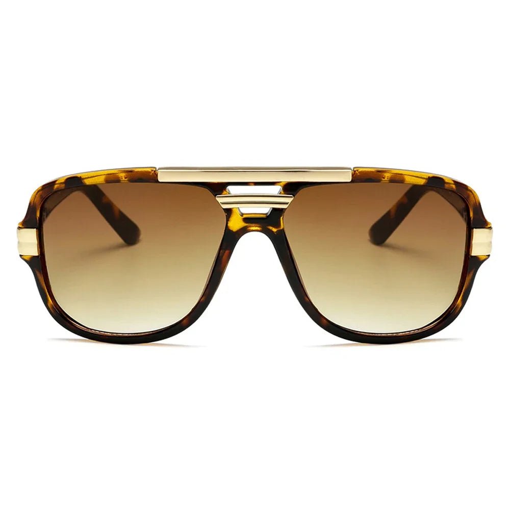 Modern men's square aviator sunglasses, gradient UV400 lenses, black acetate frames. Men's fashion accessory.