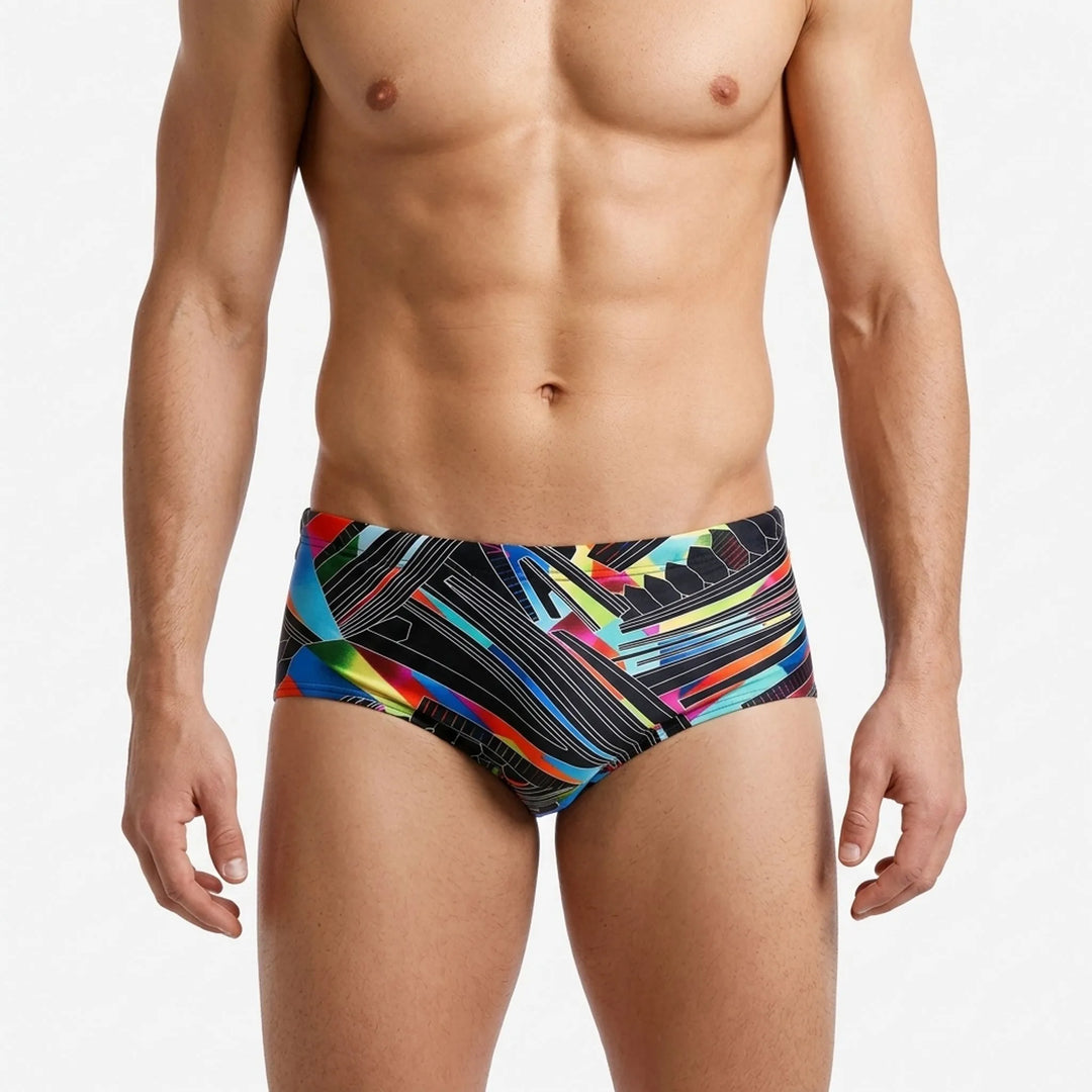 Low-rise men's square cut swim trunks, perfect for active swim, beach & summer vacation.