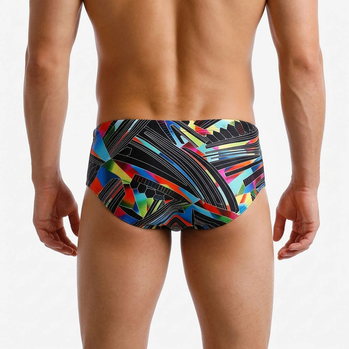 Patterned men's square cut swim trunks, stylish beachwear for pool shorts & active swim.