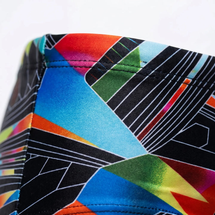 Athletic men's square cut swim trunks in black, ideal for serious swim training & beachwear.